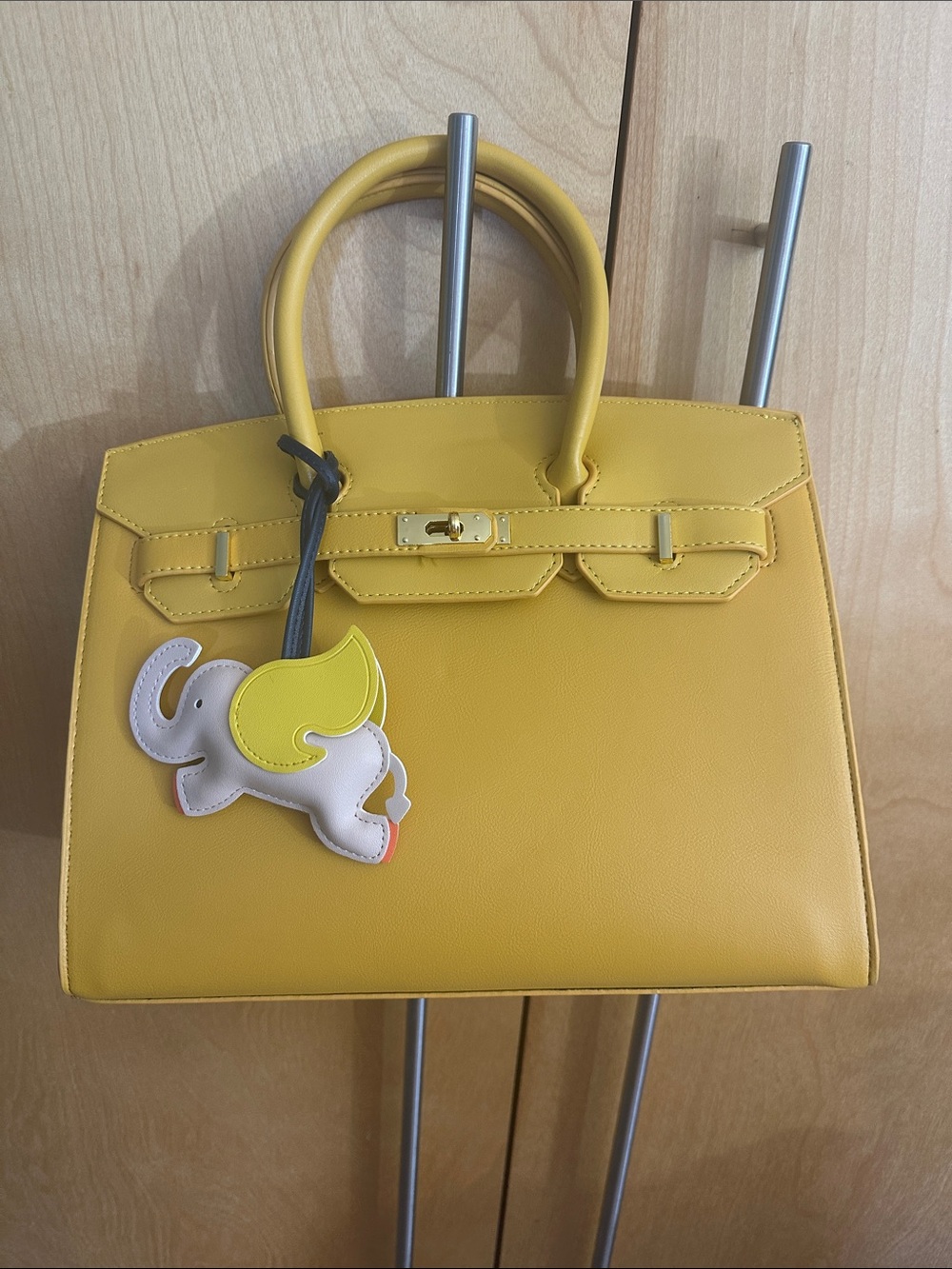 Yellow Leather Top-Handle Tote Bag with Elephant Charm new no brand so cute